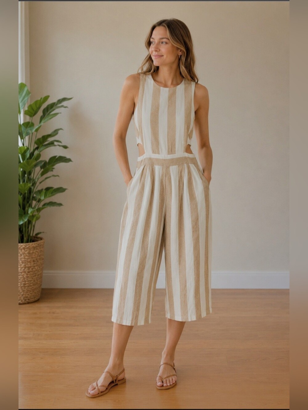 Japna Linen Blend Wide Leg Capri Jumpsuit